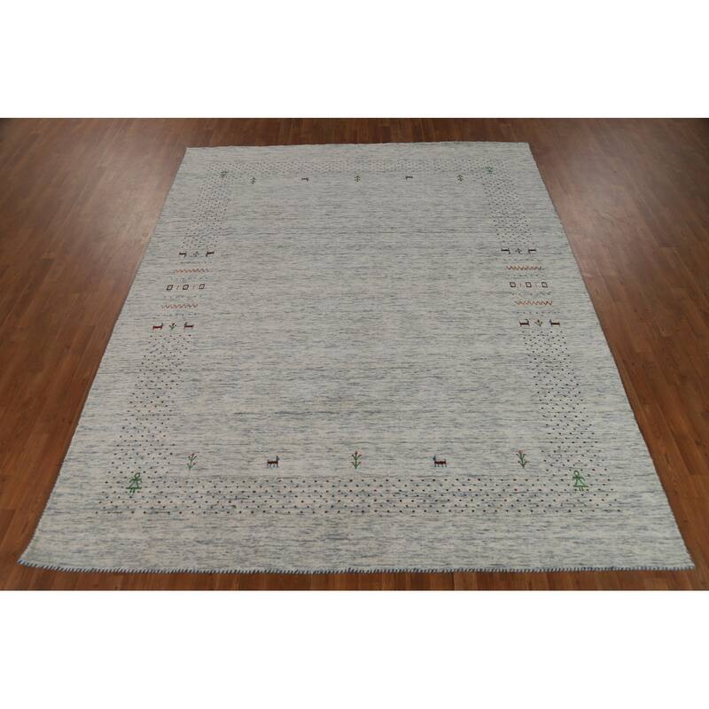 Ivory & Blue Tribal Gabbeh Indian Area Rug Handmade Wool Carpet - 8'0"x 9'10"