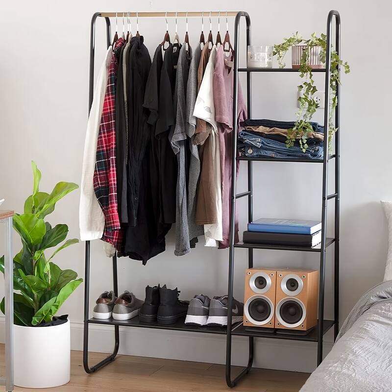 Metal Clothing Organizer with 1 Hanging Rod and 5 Mesh Shelves - Black