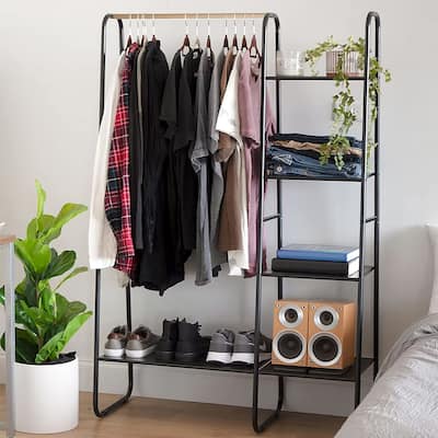 Metal Clothing Organizer with 1 Hanging Rod and 5 Mesh Shelves