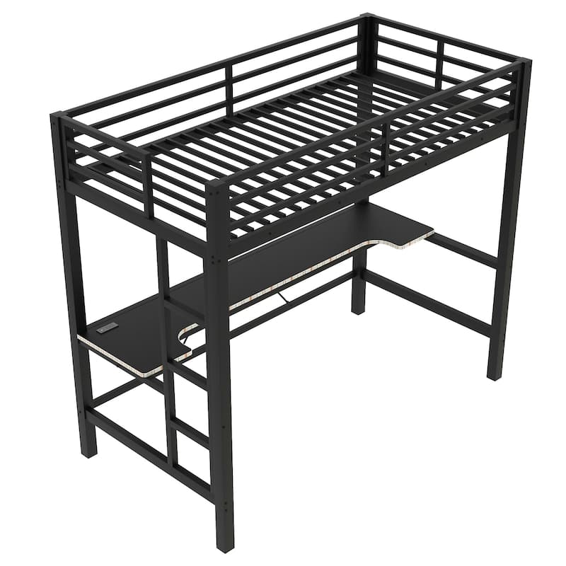 Metal Twin Size Loft Bed with Desk and Stairs, Heavy Duty Loft Bed Frame with LED Lights and USB Charge Station for Bedroom