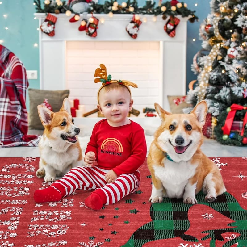 Christmas Rug with Snow Reindeer Area Rugs for Living Room, Low Pile Washable