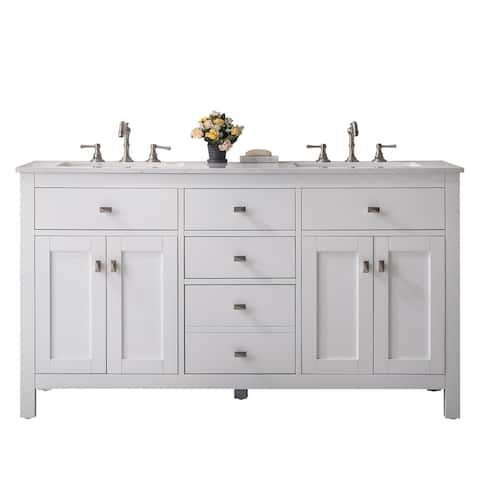 Totti Artemis 60" White Transitional Double Sink Bathroom Vanity wWhite Carrara Style Man-Made Stone Top