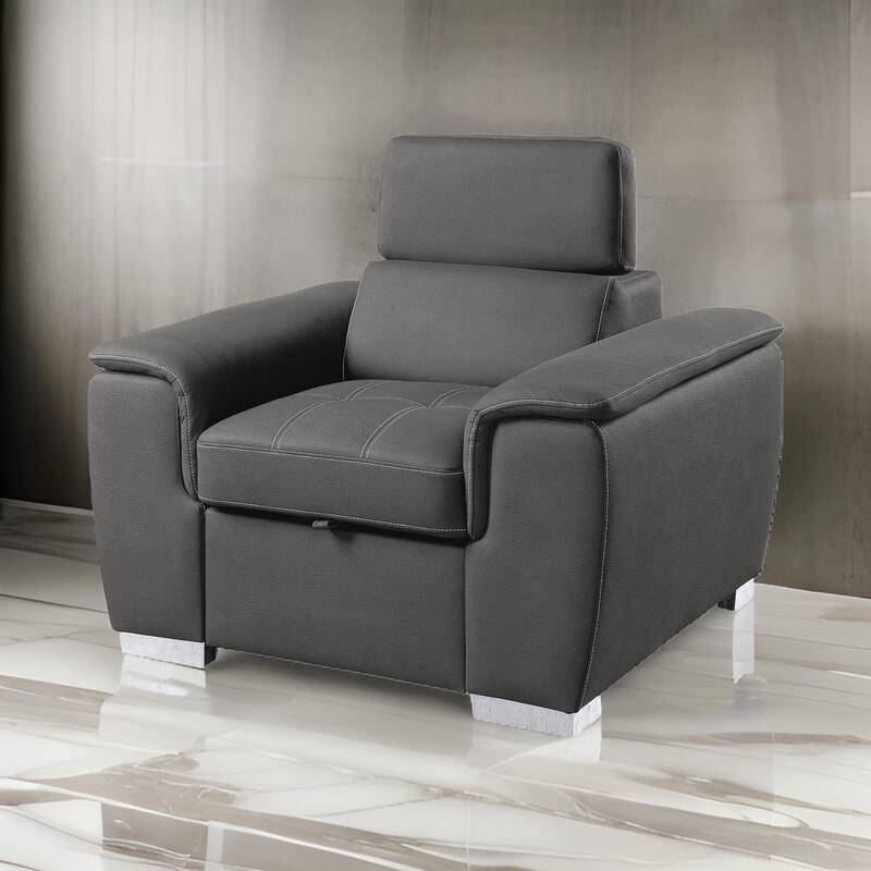 Rida 45 Inch Chair, Pull Out Ottoman, Adjustable Headrest, Solid Wood, Gray