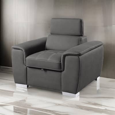 Rida 45 Inch Chair, Pull Out Ottoman, Adjustable Headrest, Solid Wood, Gray