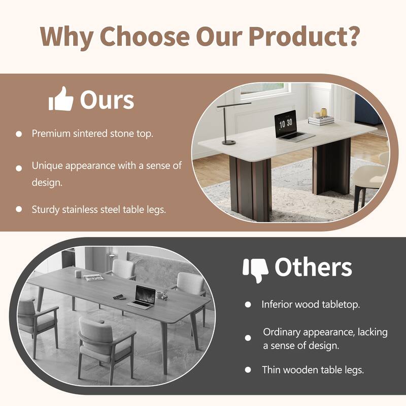 63" Modern Rectangular Writing Desk, Travertine Sintered Stone Top, Stainless Steel Double Base