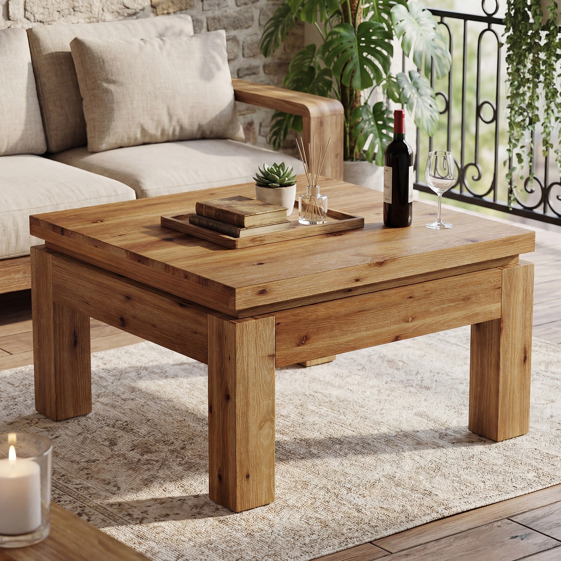 31.5" Farmhouse Coffee Table, Square Solid Wood Coffee Table