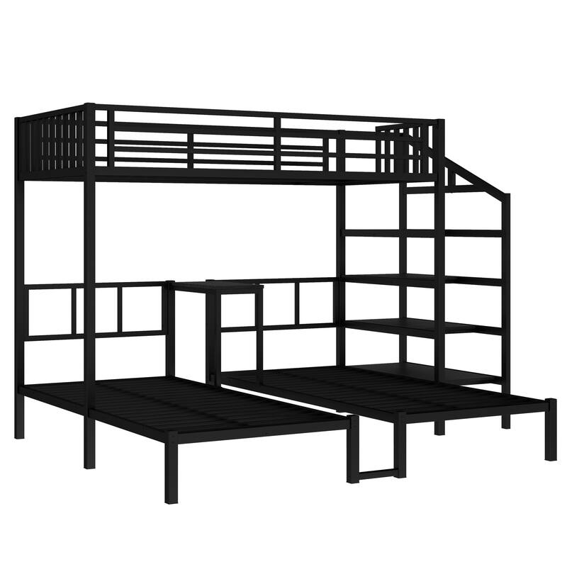 Roomfitters Twin XL over Twin & Twin Metal Triple Bunk Bed with Desk & Shelves, Space-Saving, Noise-Reduced Frame, Black
