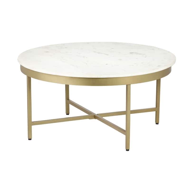 Sevita Modern Gold and White Wrought Iron Round Coffee Table - 36" Diameter x 18" H