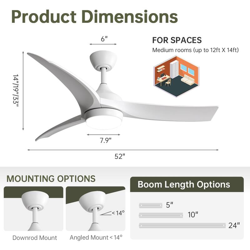 Sofucor 52 Inch Ceiling Fan with Light Remote Control,Airflow 6000CFM 3-Timer with ABS 3 Blades Reversible DC Motor