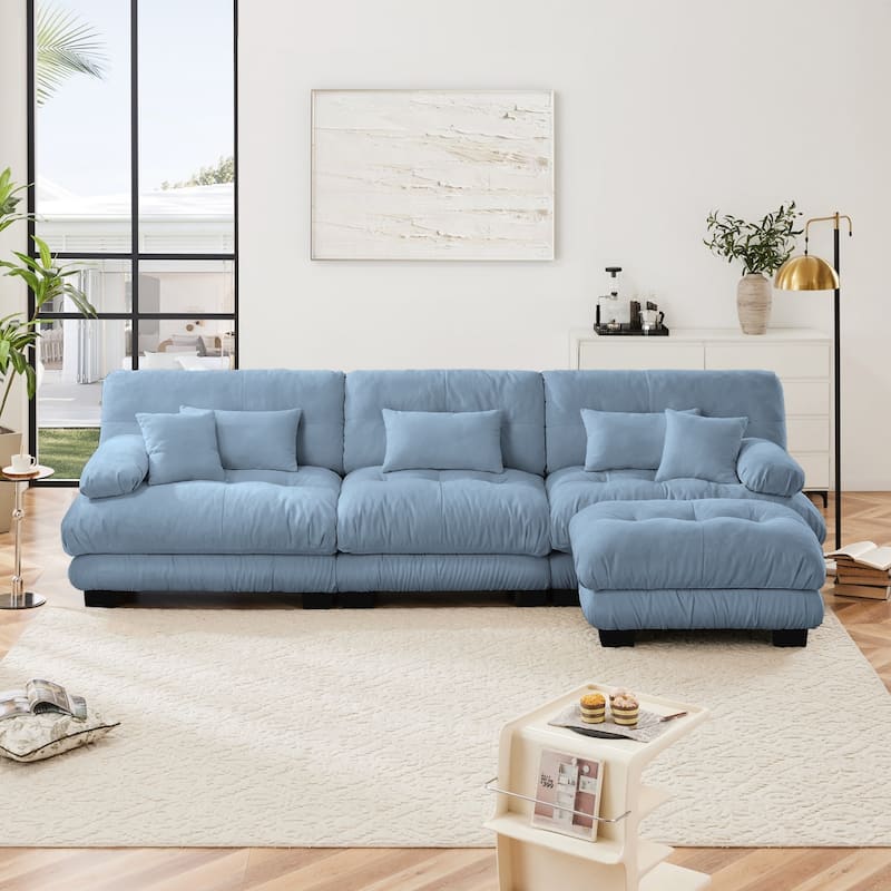 Luxury Chenille Modular Upholstered Sectional Sofa Couch with Convertible Ottoman - Blue