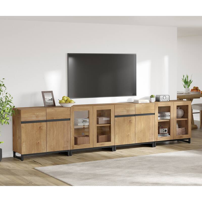 4 in 1 TV Stand for 120" TVs, Modern Entertainment Center with Glass Doors & Metal Legs - 126 inches - Oak