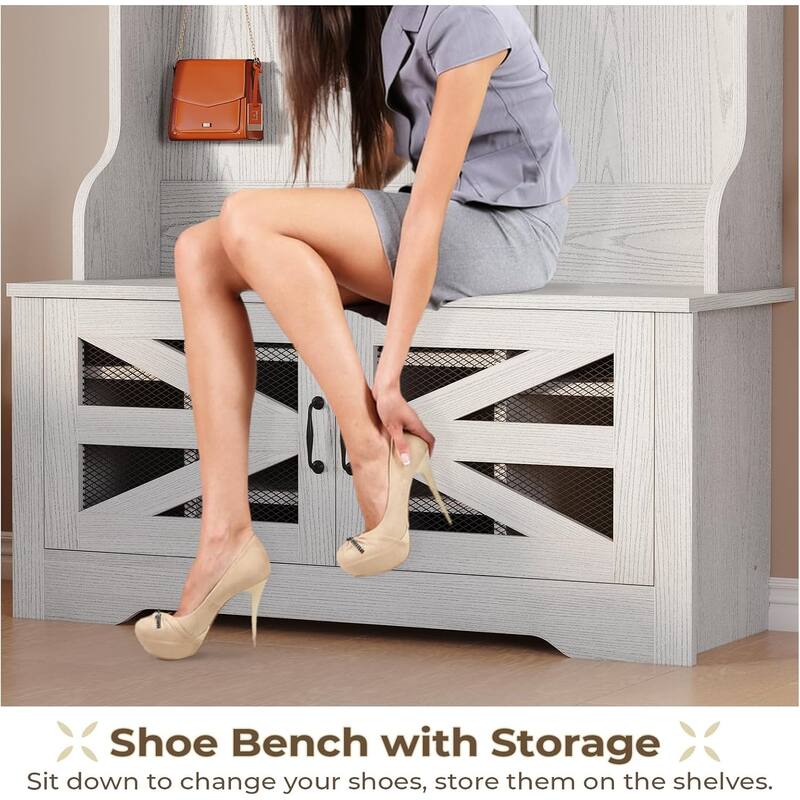 Hall Tree w/ Bench Shoe Storage Shoe Cubby Barn Door Adjustable Shelf