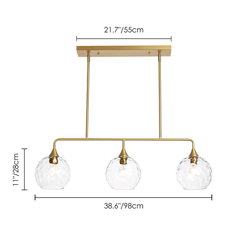 3-Light Modern Black/Brushed Gold Linear Chandelier for Kitchen Island with Clear Textured Glass Globe Shades