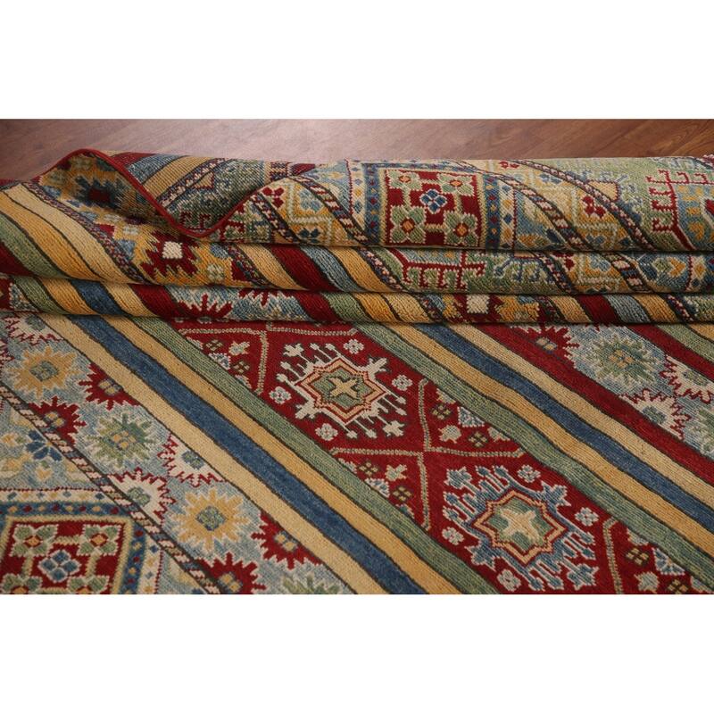 Striped Kazak Geometric Area Rug Wool Carpet - 9'10" x 12'9"