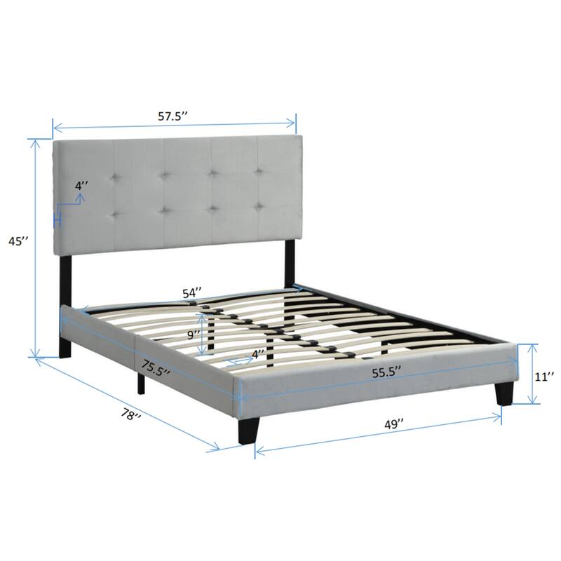 Full Size Gray Upholstered Bed Frame with Pull Point Tufted Headboard, Strong Wood Slat Support