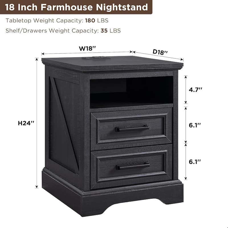 Farmhouse Nightstand with Charging Station, End Table with 2 Drawers