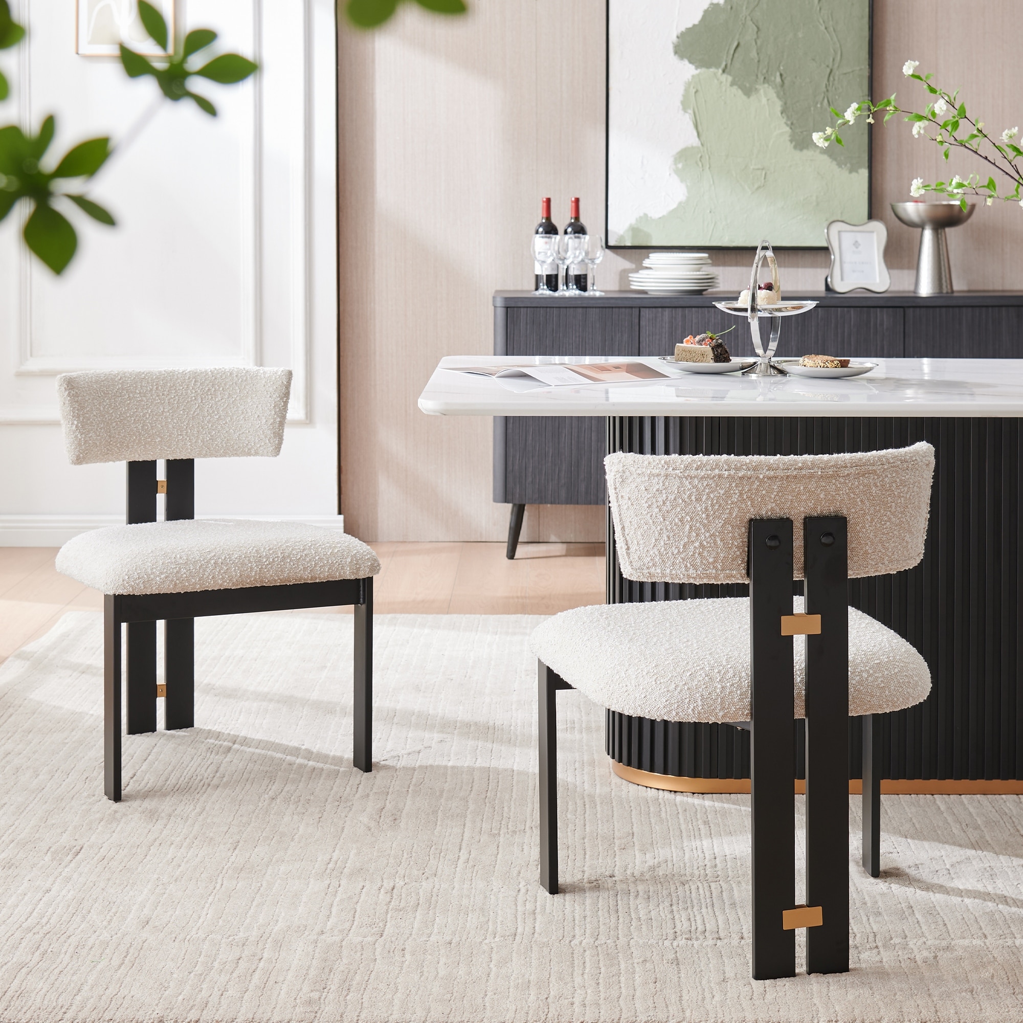 Boucle Fabric Contemporary Dining Armless Chairs with Metal Frame