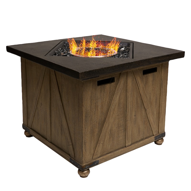 Alpine Corporation GXT964 24in Square Farmhouse Fire Pit Table with 50K BTU and Adjustable Flame Wood Look Outdoor Decor Brown