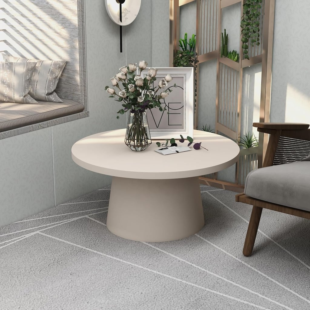 Dune 32" Fiberstone Accent Table - Modern Round Pedestal Side Table - Weather-Resistant Indoor Outdoor Stone Look End Table