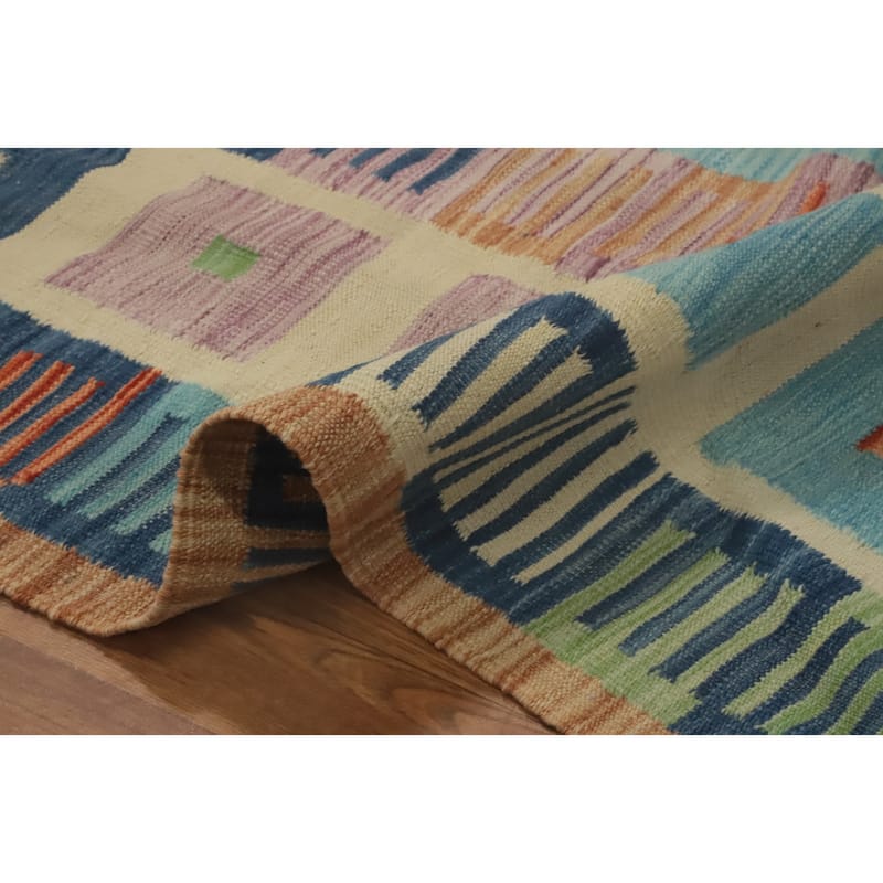 Hand Woven Oriental 100% Wool Carpet Southwestern Tribal Navy Blue & Blues Kilim Area Rug - 13' 0'' X 9' 9''