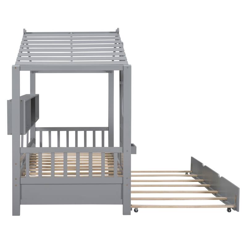 Wooden House Bed With Trundle and with Storage Shlef