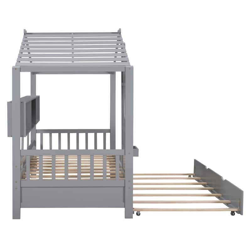 Wooden Twin Size House Bed with Trundle and Storage Shelves for Kids
