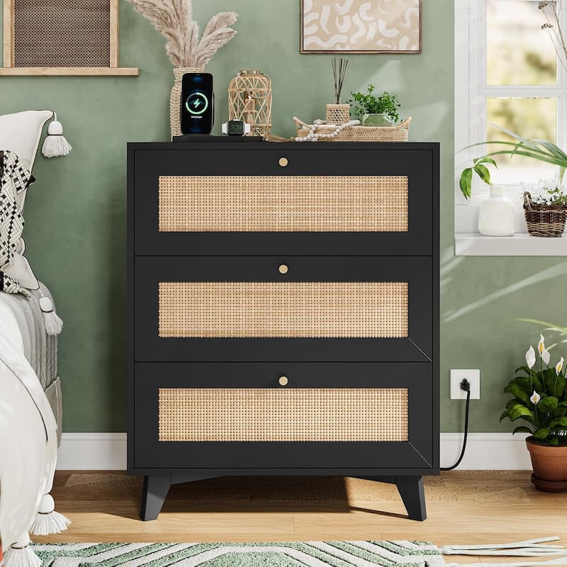 Rattan Nightstand for Bedroom Charging Station USB Ports LED Lights