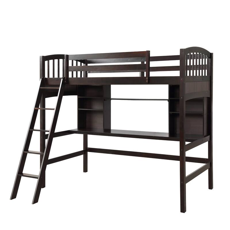 Twin Size High Loft Bed with Built-in Desk, Storage Shelves and Ladder