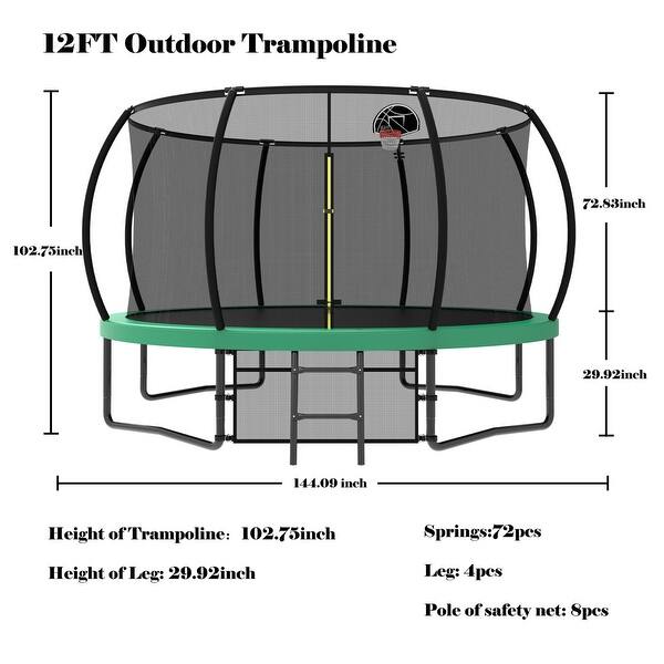 12' Outdoor Recreational Trampoline with Safety Enclosure Net