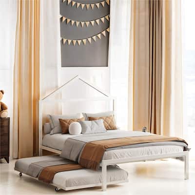 Full Size House Shaped Metal Platform Bed with Trundle
