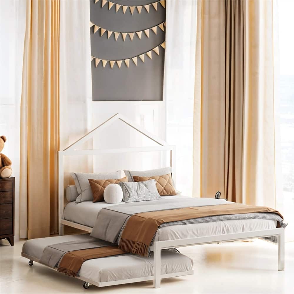 Full Size House Shaped Metal Platform Bed with Trundle