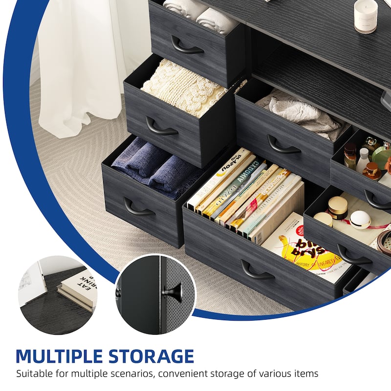 Moasis 50"W 9-drawer Fabric Dresser, Media Console, TV Stand with Outlets, RGB Lights