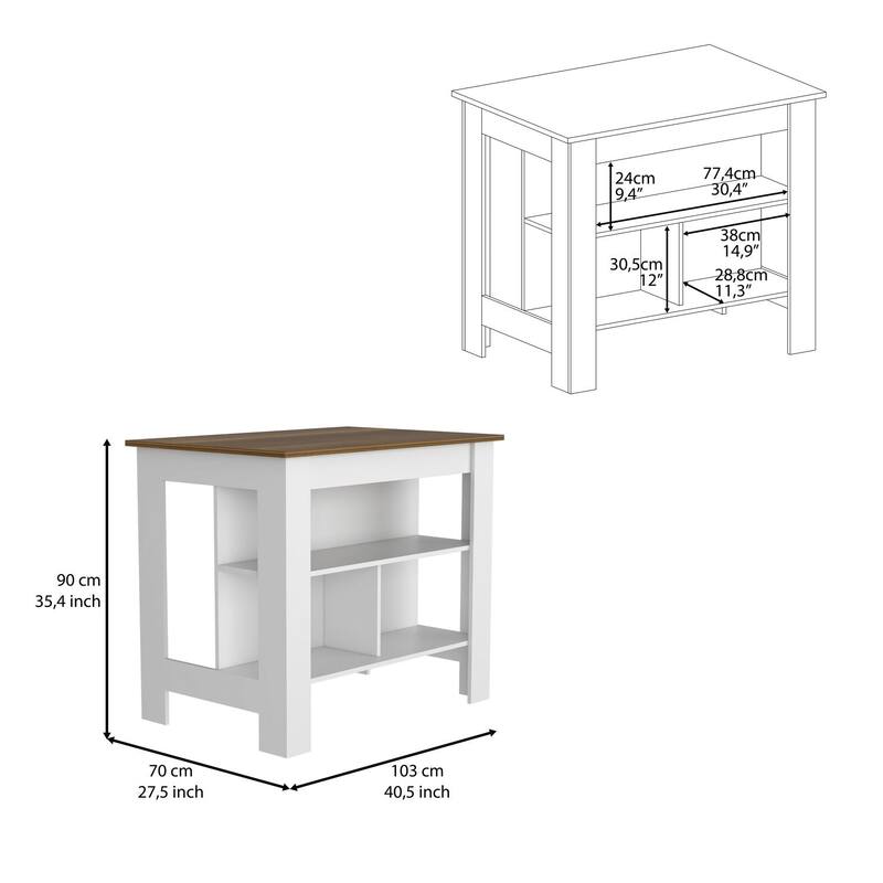 Kitchen Island, kitchen table 35" H, Four Legs, Three Open Storage Shelves