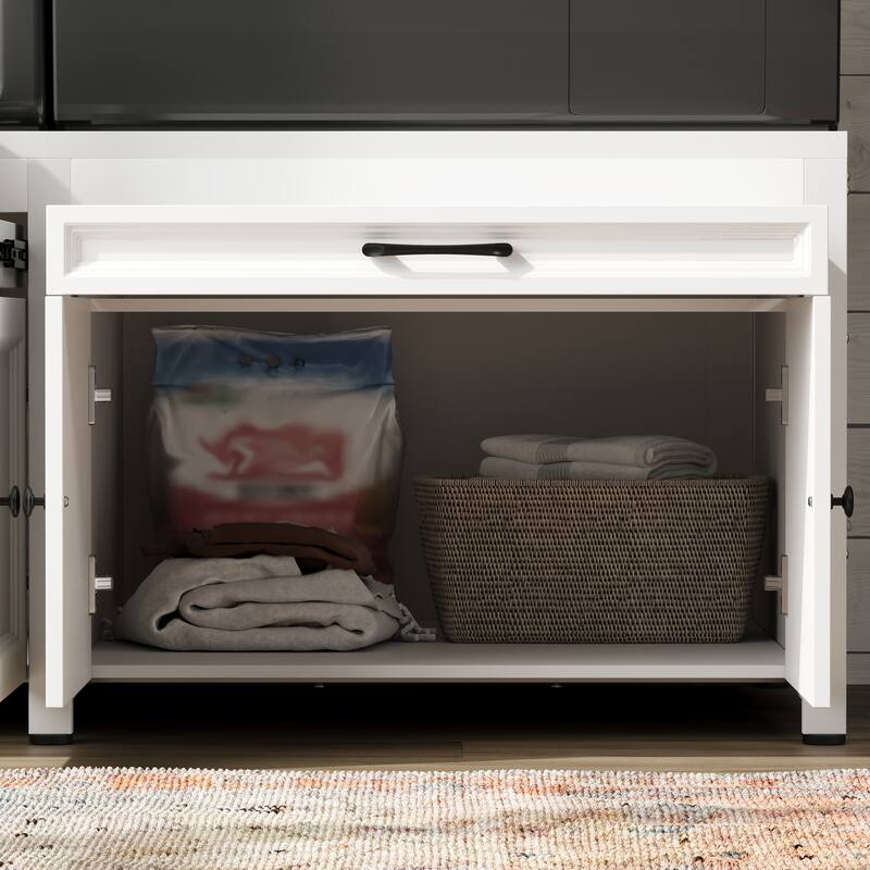 Versatile White Washer Cabinet & Bathroom Cabinet：Spacious Countertop and Storage