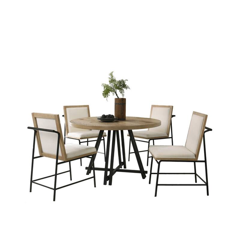 Tete Dining Table Set with 4 Chairs, Solid Wood Round Top, Black Metal Base
