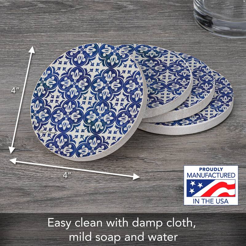 Blue Tiles 4 Pack Round Natural Sandstone Coasters with Protective Cork Backing Manufactured in The USA