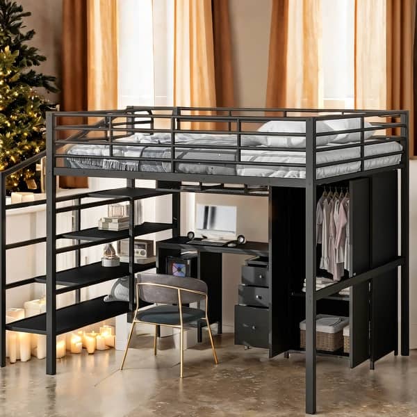 slide 2 of 15, Modern Style Bunk Bed with Storage Space and Study Table, Bunk Bed with Closet, Kids Bed, Easy To Install Black