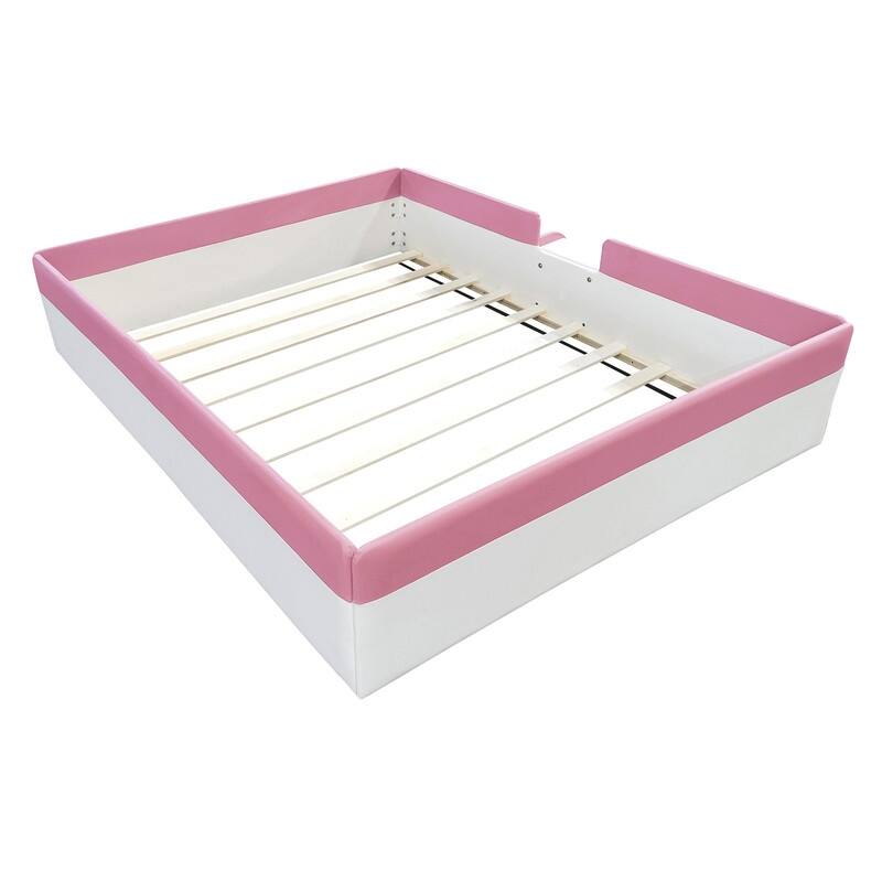 Twin/ Full/ Queen/ King Size Upholstered Kids Floor Bed Frame with Guardrail and Little Stairs, Soft PU Platform Bed