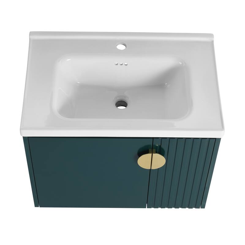 Floating Bathroom Vanity Cabinet with Pre-Drilled Ceramic Sink and Multiple Handle Options - 27.75in L