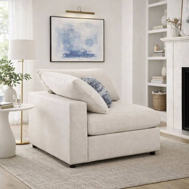 Fabric Upholstered Wooden Corner Chair with Loose Cushion Seat, Beige