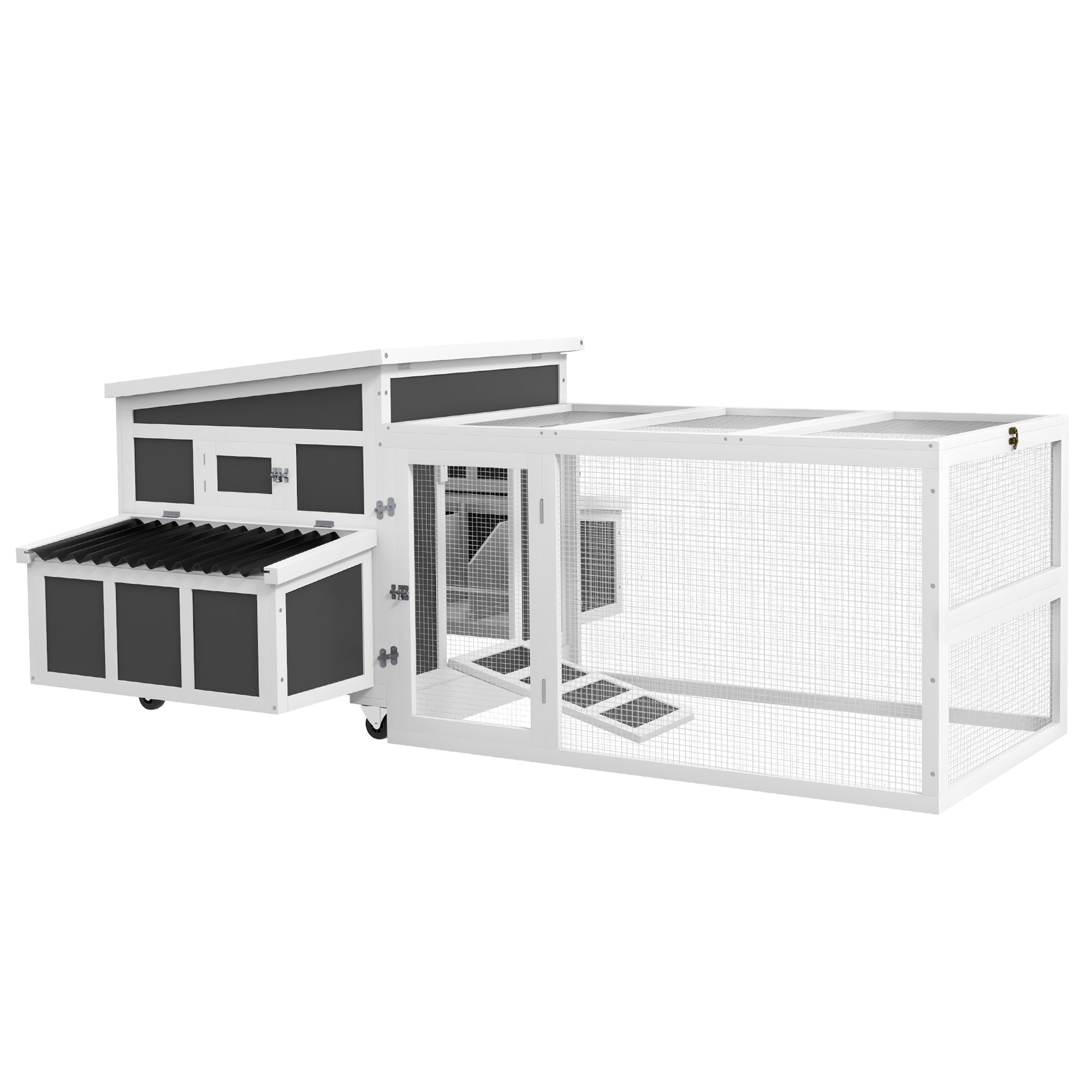 PawHut Wooden Chicken Coop with Nesting Box, Outdoor Poultry Cage Rabbit Hutch with Pull Out Tray, Run, Perches, Ramp, Windows