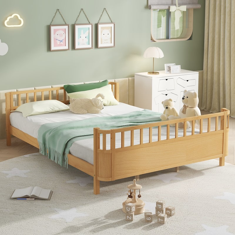 Multi Size Low Platform Bed for Kids with Rounded Corners Guardrails, Detachable Right-side Fence and Open Left-side Design