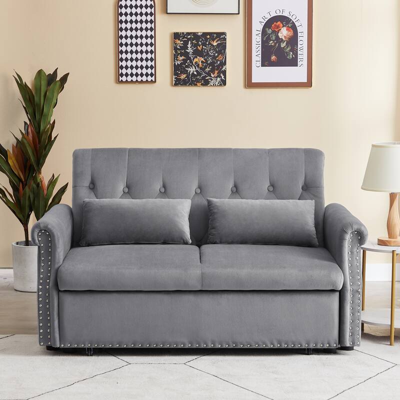 Velvet Convertible Loveseat Sleeper sofa with 2 Lumbar Pillows, Adjustable Pull-Out Bed and Removable Armrest