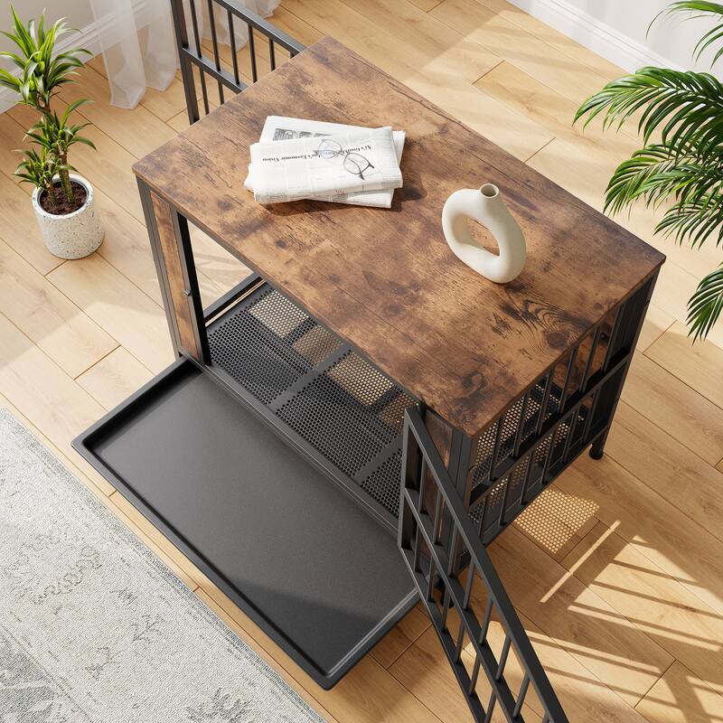 Dog Crate Furniture,Wooden Dog Crate Table,32.8" Dog Kennel with 2 Sliding Doors and Thick Iron Door Frame,Decorative Pet House