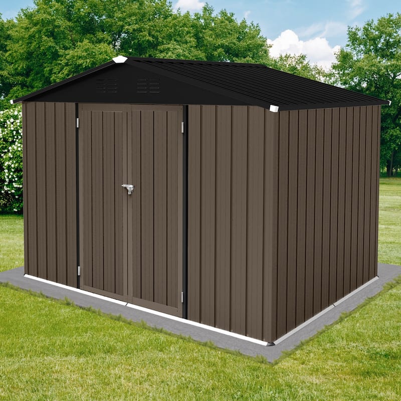 GDFStudio - Nolan Compact 6x8 FT Metal Garden Shed with Hinged Door and Apex Roof - 6ftx8ft - Brown