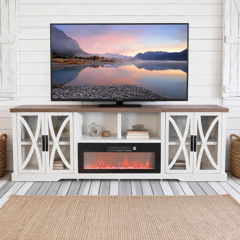 93" Farmhouse Glass White Barn Door Fireplace TV Stand Storage Console with 36" Electric Fireplace for TVs Up to 100"
