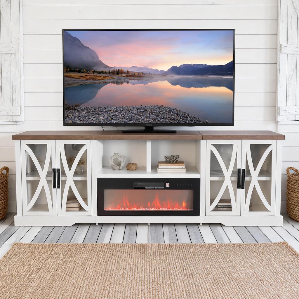 93" Farmhouse Glass White Barn Door Fireplace TV Stand Storage Console with 36" Electric Fireplace for TVs Up to 100"