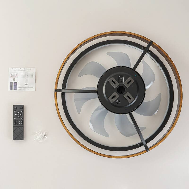20 in. Farmhouse Black Wheel 3-Color Temperature LED Semi-Flush Mount Fan Light, Remote Control Included