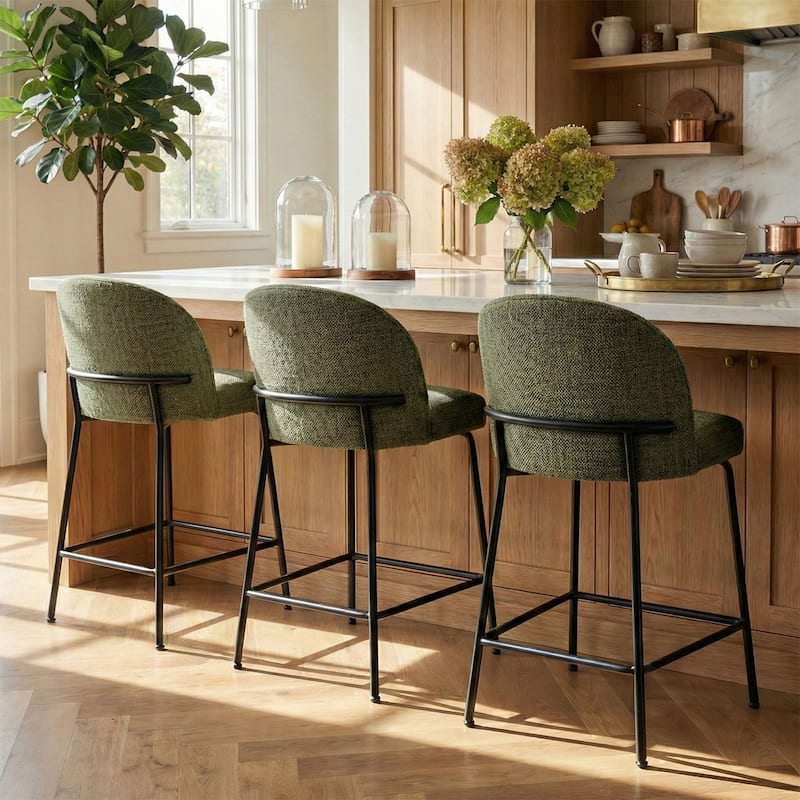 Upholstered Counter Height Bar Stool Set with Curved Back and Metal Frame(Set of 3) - Green