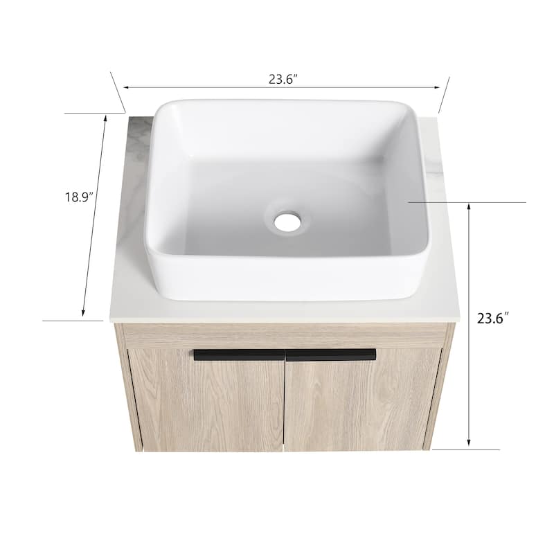 24 " Float Bathroom Vanity With Ceramic Basin Set,Wall Mounted White Oak Vanity With Soft Close Door,2 Pieces Parcel